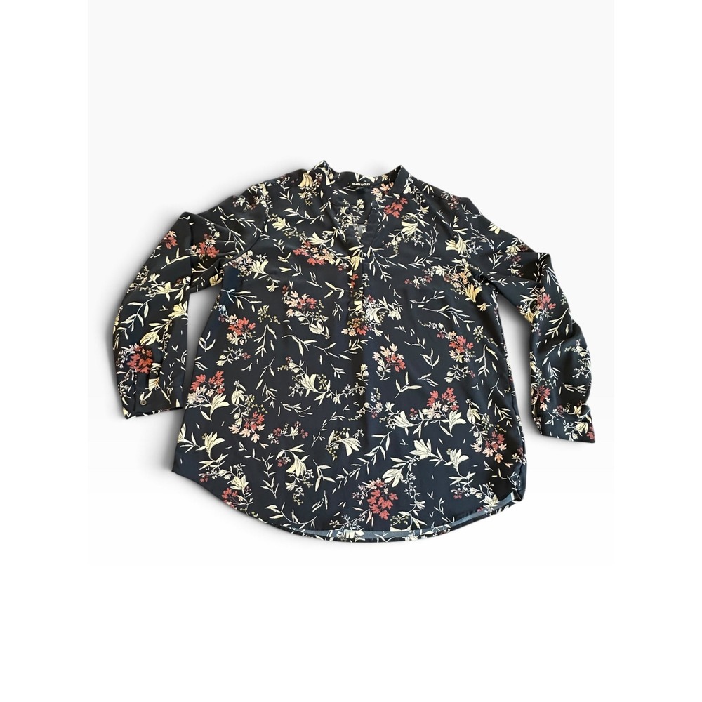 Hilary Radley Floral Blouse Womens XL Navy Blue Split Neck Long Sleeve